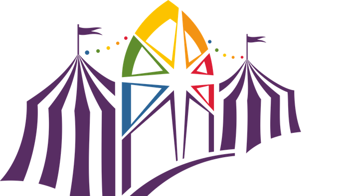 Bunter Zirkus mit markantem Logo und Namen "Zirkuskirche"