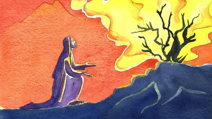 En ensom skikkelse står foran et flammende landskab, holder en stav, med et øde træ i nærheden.