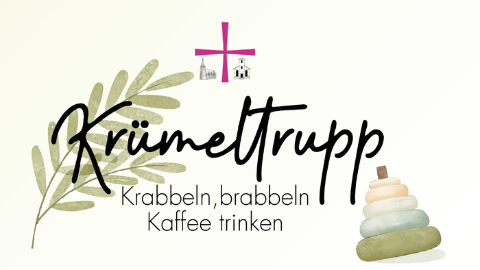 Das Bild zeigt ein Logo für „Kriemettrupp“ mit einem Kreuz, einem Blatt und übereinandergestapelten Bechern.