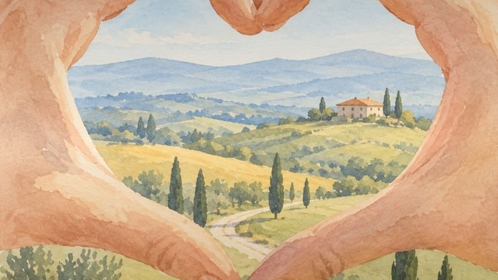 Herzförmiger Rahmen über einer malerischen Landschaft mit einer Kirchenveranstaltungsankündigung auf Deutsch.