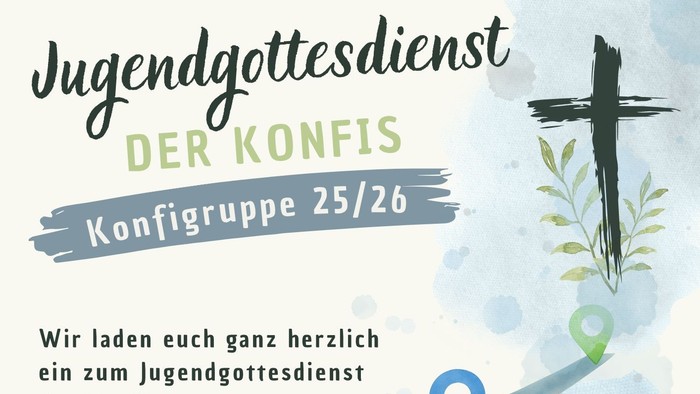 Einladungsplakat für einen Jugendgottesdienst zur Feier des ersten Jahres der Konfirmanden mit Details und einem fröhlichen Design.