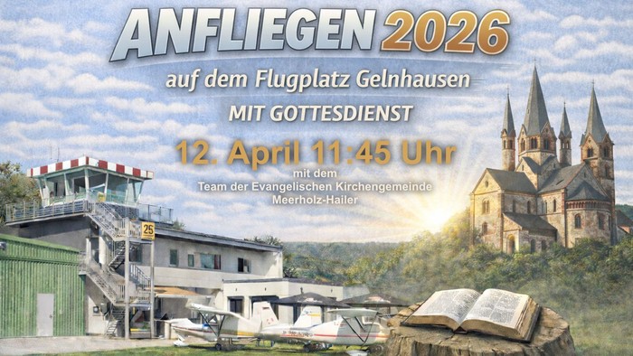 Bekanntgabe einer Flugshow-Veranstaltung mit Gottesdienst am Flughafen Gelnhausen am 12. April 2026 um 11:45 Uhr.
