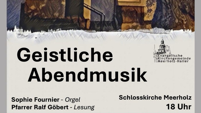 Plakat kündigt einen spirituellen Abendkonzert mit Orgel und Lesung in der Schlosskirche Meerholz am 29. März 2026 an.