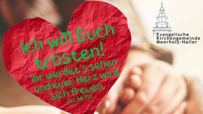 Plakat kündigt einen Gottesdienst mit Abendessen und Pastoren an, gestaltet mit tröstlichen Herz-Motiven und deutschem Text.