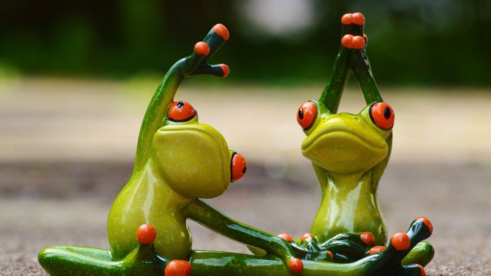 Zwei Frösche in Yoga-Posen auf einem Stein.