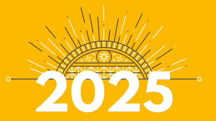 Das Bild zeigt das Jahr 2025 mit einer sonnenähnlichen Darstellung im Hintergrund.