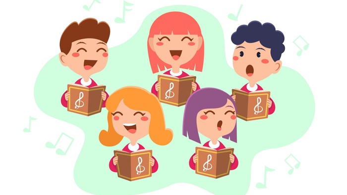 Fünf fröhliche Kinder singen in einem Kreis und halten Notenbücher.