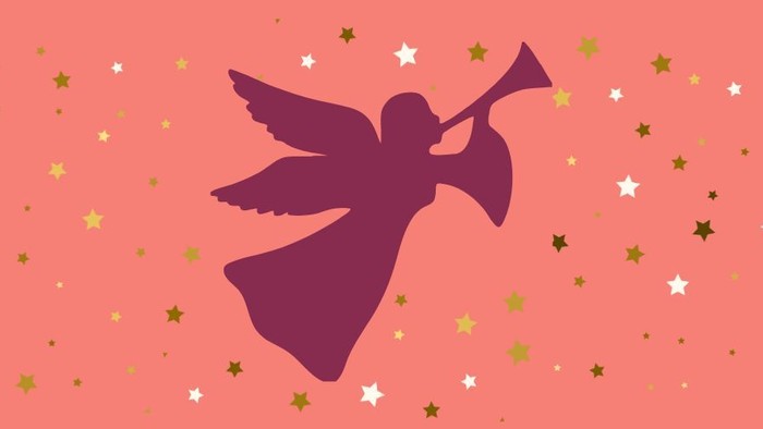 Grafik: Engel mit Schalmei von Sternen umgeben