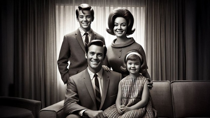 Eine Familie posiert in formeller Kleidung für ein Foto.