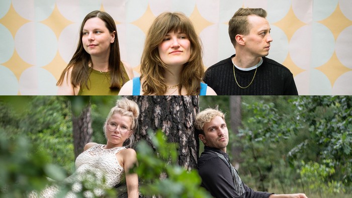 Vier Personen in zwei verschiedenen Gruppen, eine Innen- und eine Außenaufnahme