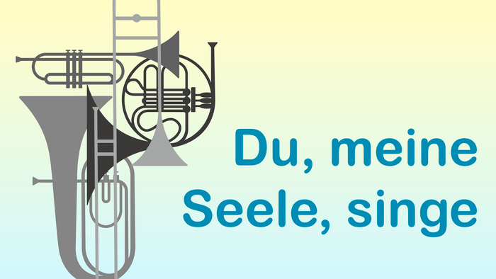 Das Bild zeigt ein Musikinstrument mit dem Text "Du, meine Seele, singe".