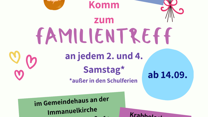 Familientreffen mit Spielen, Quatschen und Snacks für Kinder am 2. und 4. Samstag im Monat, ab 14.09. im Gemeindehaus mit Krabbelecke und Spielplatz