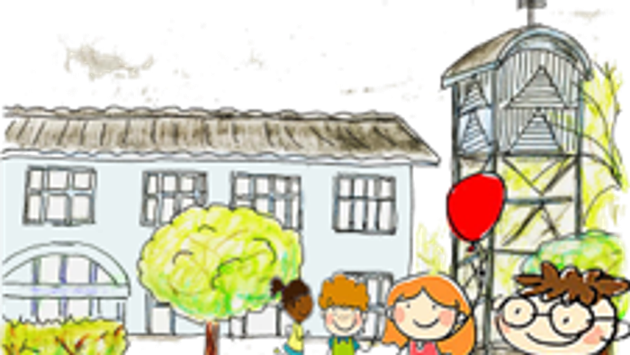 Kinder spielen vor einem Haus mit einem Windrad und Bäumen.