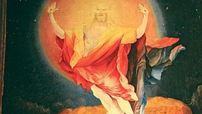 Das Bild zeigt eine religiöse Darstellung mit einer schwebenden Gestalt in rot-weißer Robe.