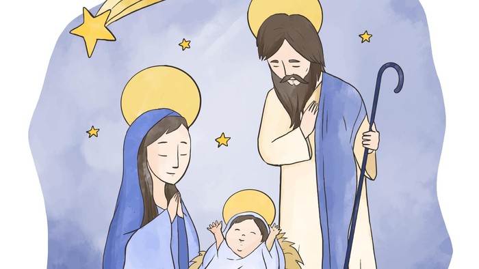 Die Heiligen Drei Könige besuchen das neugeborene Jesuskind mit Maria und Josef