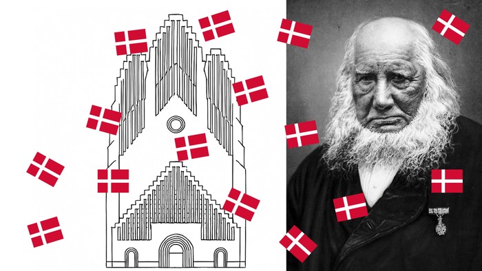 Billedet viser en kirke og en gammel mand med danske flag.
