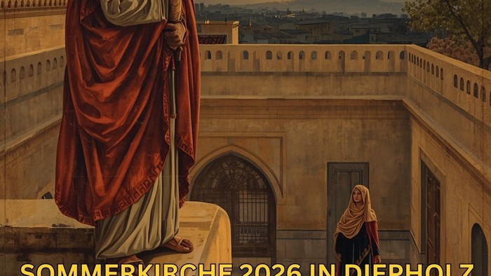 Plakatwerbung für eine biblisch inspirierte Sommerkirchenveranstaltung in Diepholz mit einem krimi-thematischen Gottesdienst über König David.