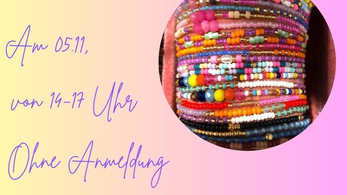 **Buntes Armband-Bastel-Event, kostenlos, von 14–17 Uhr, keine Vorkenntnisse nötig, Montag in der Pause**