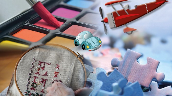 Billede af farvelade, puslespil, modelfly, mobdelbil og dame der broderer.
