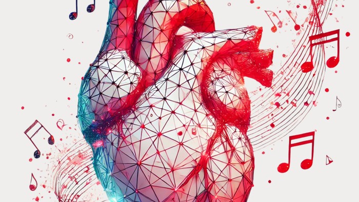 Plakat für das Musik-Event *„Music is my first love“* am **29. März 2025** mit einem Herz aus Musiknoten.