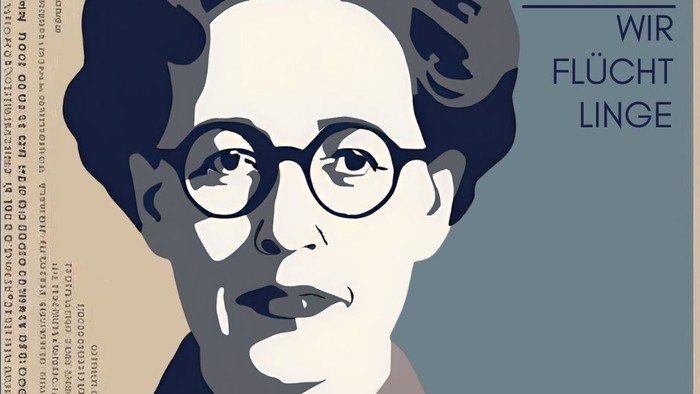 Das Bild zeigt ein Porträt von Hannah Arendt mit dem Titel „Hannah Arendt wir flüchtlinge“.
