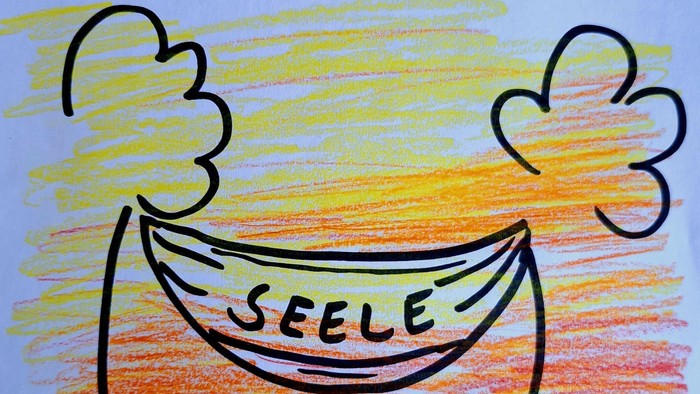 Ein bunter Sonnenuntergang mit dem Wort "SEELE" in der Mitte