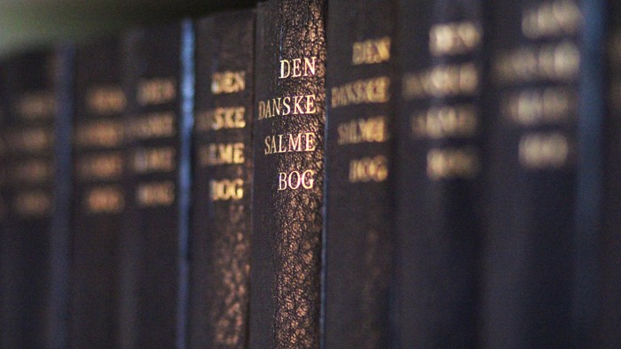 En række bøger på en bogshelv