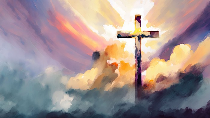 Et dramatisk kors står højt mod en levende, hvirvlende himmel fyldt med skyer og sollys.