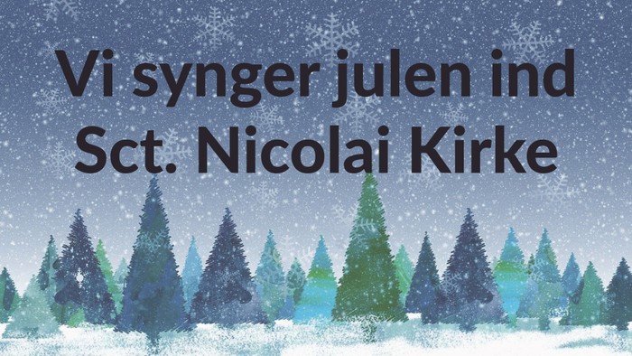 Vinterlandskab med snefall og skog, med teksten 