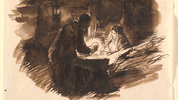 En skitse af en indendørs scene med flere personer.