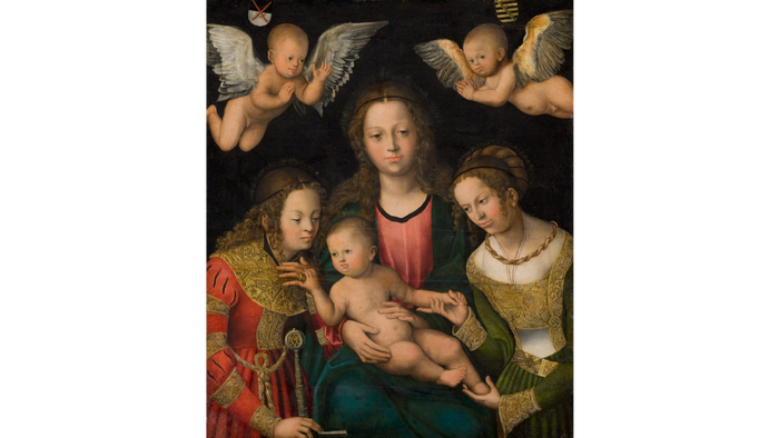 Billedet viser en religiøs scene med Madonna og barn, omgivet af engle.