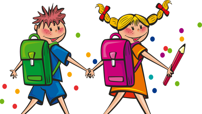 Zwei fröhliche Kinder mit Rucksäcken laufen zur Schule