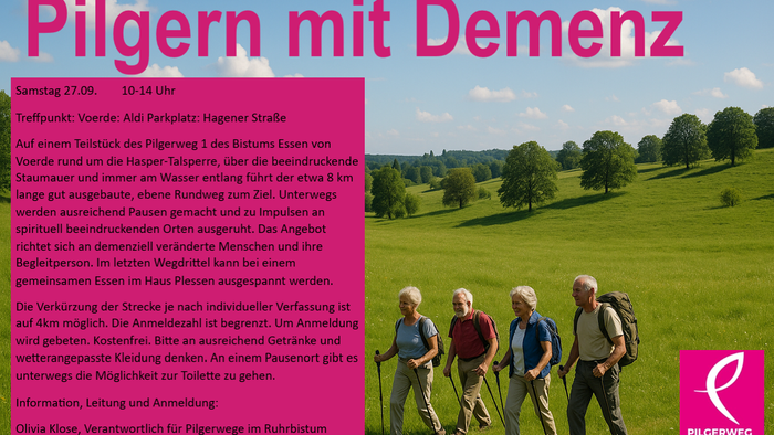 Flyer zur Bewerbung, vier ältere Personen wandern über eine grüne Wiese, im Hintergrund befinden sich Berge.