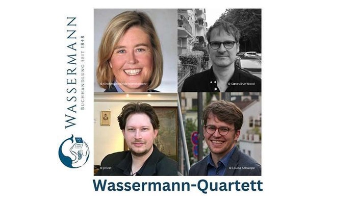 Das Bild zeigt vier Personen, wahrscheinlich Mitglieder des **Wassermann-Quartetts**, mit ihren Namen und einem Logo.