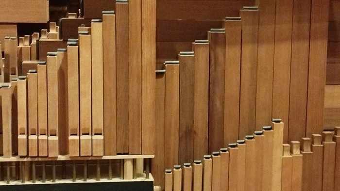 Eine Reihe von Holzpfeifen in einem Orgelwerk.