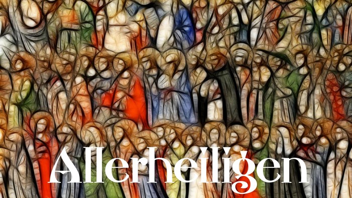 Das Bild zeigt eine religiöse Darstellung mit vielen Figuren und dem Wort 