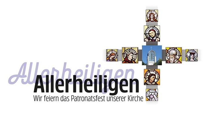 Logo zur Feier von Allerheiligen mit Heiligenbildern im Buntglasstil und dem Text *„Wir feiern das Patronatsfest unserer Kirche“*.