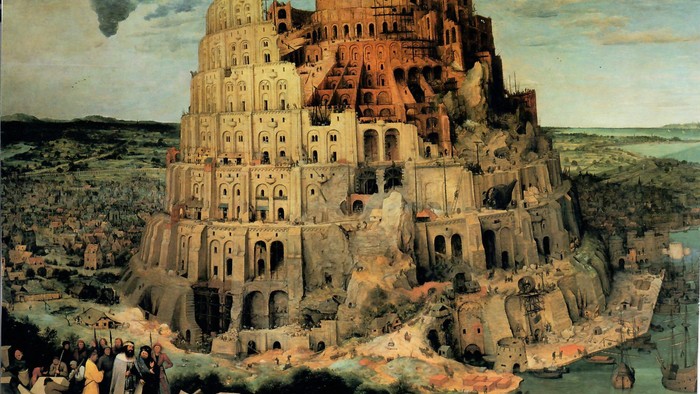 Das Bild zeigt den Turmbau zu Babel mit einer großen, unvollendeten Turmstruktur und vielen Menschen um sie herum.