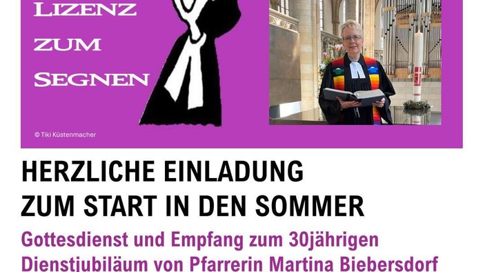 Einladung zur 30-jährigen Dienstjubiläum von Pfarrerin Martina Biebersdorf mit Mittagsimbiss und Kirchenkaffee