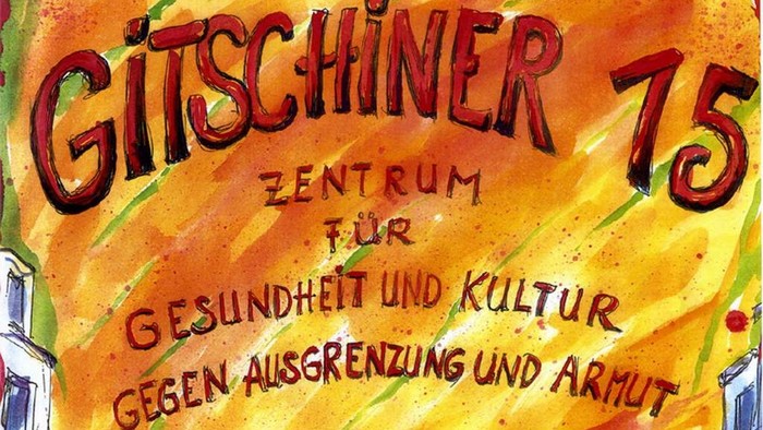 Das Bild zeigt das Gitschiner 75 Zentrum für Gesundheit und Kultur mit einem bunten, kreativen Stil.
