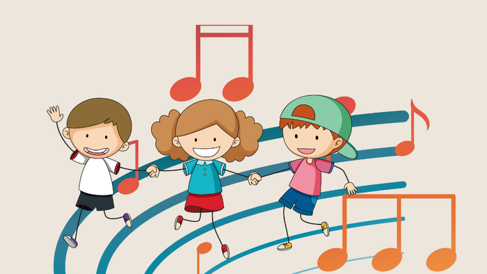 Børn spiller og danser til musik, 