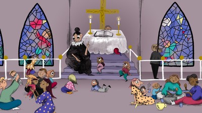 En kirkeinterior med farverige vinduer og en gruppe mennesker i bøn.