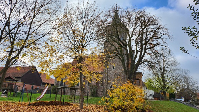 Ein Kirchengebäude mit hohem Turm, umgeben von Bäumen und Herbstlaub.