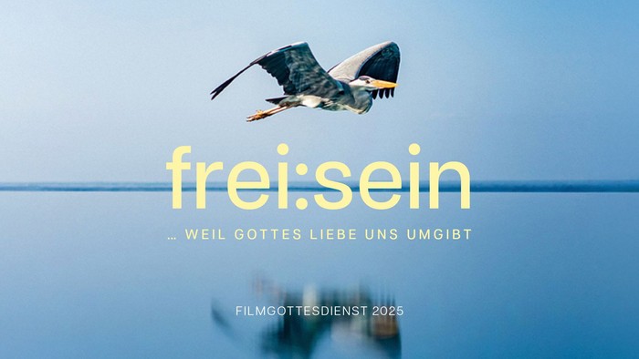 Eine glatte Wasserfläche bis zum Horizont. Im Zentrum steht frei:sein. Darüber fliegt ein Vogel mit mit weit ausgebreiteten Flügeln. 