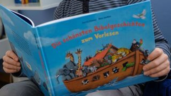 Ein Junge liest ein blaues Buch mit einem Schiff und Tieren.