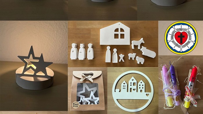 Ein Collage aus verschiedenen Weihnachtsdekorationen, darunter ein Baum, ein Haus, ein Stern, eine Krippe und weitere Figuren