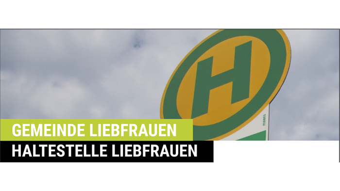 Gelbe H-Signatur vor Himmel, Text: "Gemeinde Liebfrauen, Haltestelle Liebfrauen"