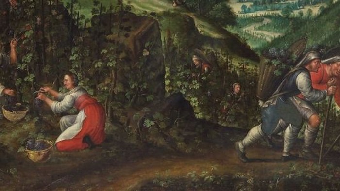 Landlig scene, der viser landsbyboere, som samler druer og høster i et frodigt landskab på landet.