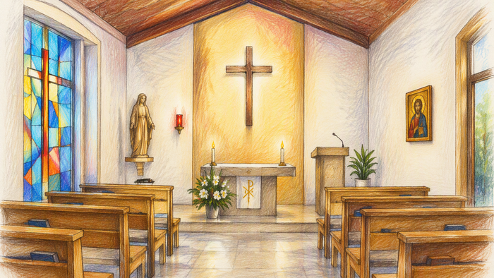 Ein ruhiger Kapelleninnenraum mit hölzernen Kirchenbänken, Altar, bunten Glasfenstern und religiösen Verzierungen.