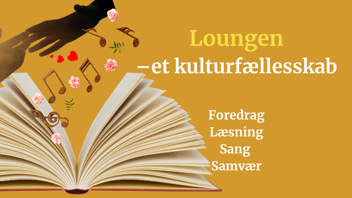 Læserens hånd med bog, musiknoter og blomster på gul baggrund, med overskrift 